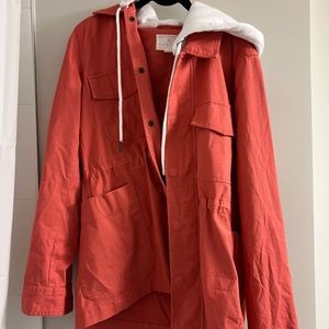 Lightweight Salmon Jacket with attached hood.